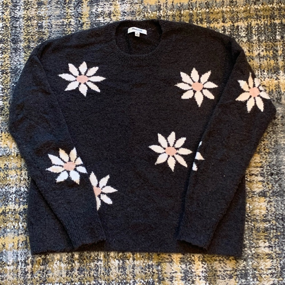 Madewell dark olive sweater with flowers